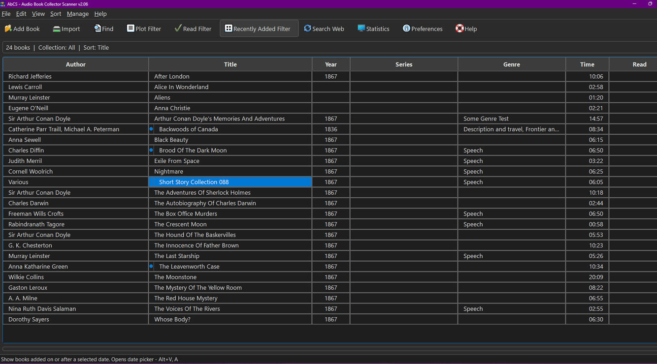Screenshot AbCS main window Screenshot AbCS main window showing row of author, titles etc.